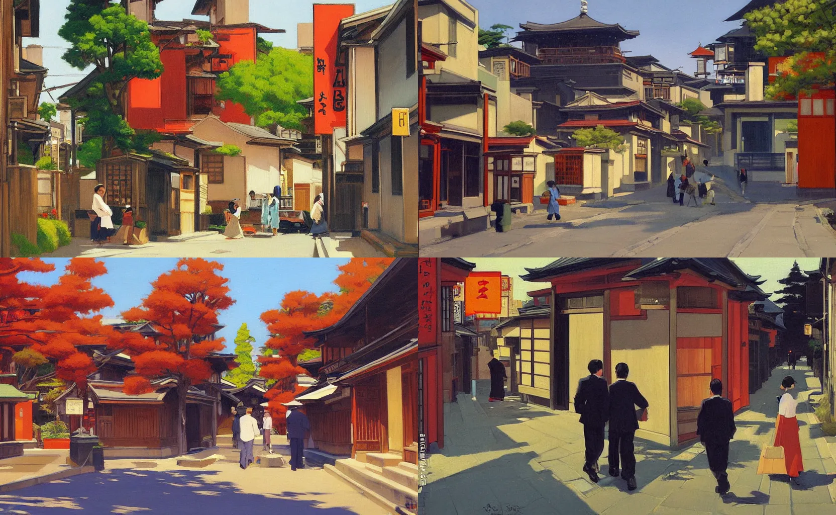 Prompt: a quaint street in Kyoto, painting by Ben Aronson and Edward Hopper