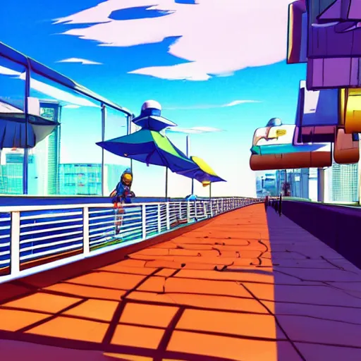 Image similar to oceanfront walkway, futuristic city, colorful city, curved railing, long railing, shining sea, cel - shading, 2 0 0 1 anime, cel - shaded, bright sunshine, jet set radio, mirror's edge, raytracing, toon - shading, strong shadows