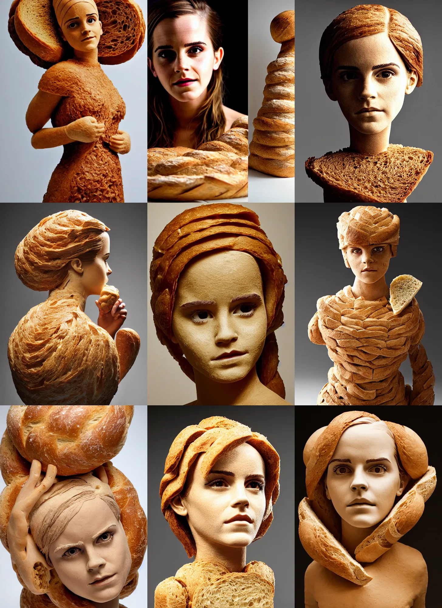 Prompt: emma watson sculpture made out of bread!, bread! sculpture, studio lighting