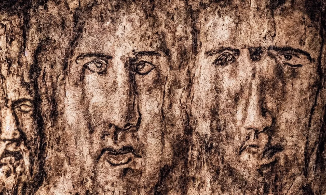 Image similar to ancient cave drawings discovered depicting nicolas cage. archaeological discovery, dslr photograph, high resolution, intricate details, photorealistic.