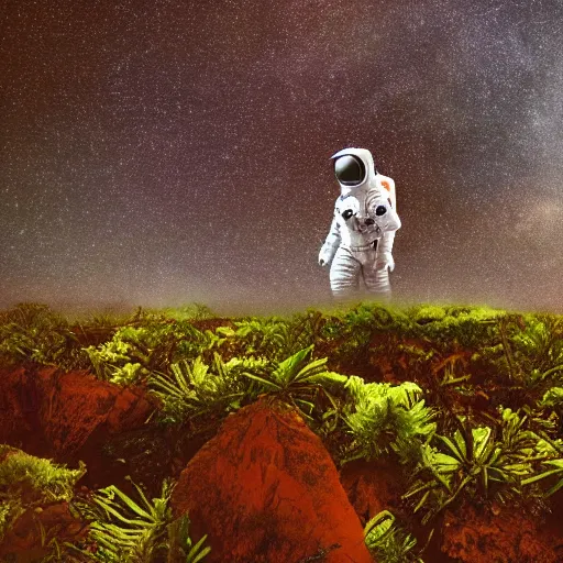 Image similar to an astronaut on an alien planet teeming with vegetation