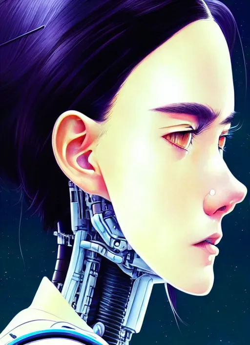 Image similar to side portrait scifi cyborg girl with robotic parts and spacesuit | | head only in center of image, audrey plaza, fine detail!! anime!! realistic shaded lighting!! poster by ilya kuvshinov katsuhiro otomo ghost - in - the - shell, magali villeneuve, artgerm, jeremy lipkin and michael garmash and rob rey