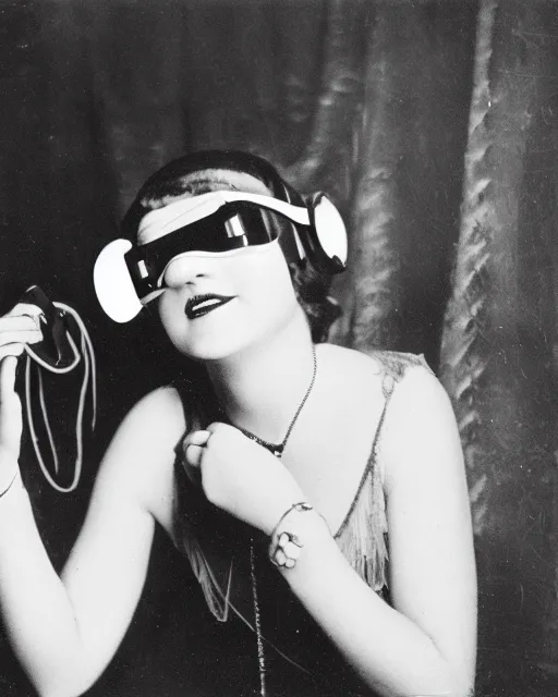 Image similar to 1 9 2 0 s photo of a flapper girl wearing a vr headset on a stage in a speakeasy