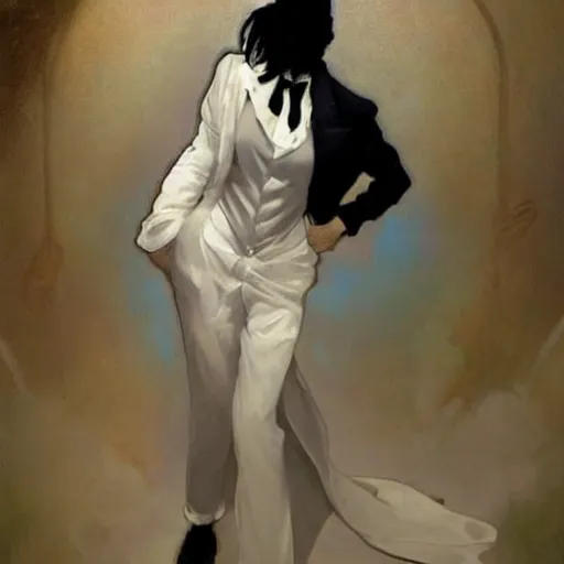 Image similar to beautiful portrait of androgynous ruby rose as desire from sandman in a white tuxedo!!!, rockabilly style, by alphonse mucha, cedric peyravernay, by jeremy mann, by frank moth, white suit and black tie, soft lightning, high detailed, 8 k