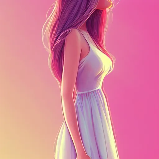 Image similar to happy adult female in sundress, summer dress, pastel light pink very long hair, muted colors, matte print, pastel colors, 2d, ultra highly detailed, digital art, digital painting, fan art, elegant, artstation, head is centered, by Ilya Kuvshinov