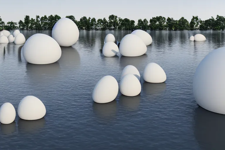 Image similar to a building composed of many white spherical egg shaped circular spaces and boolean combinations stacked together. on the calm lake, people's perspective modern curved architecture, future, wood, marble, metal award winning, highly detailed 4 k art, dusk, unreal engine highly rendered, global illumination, radial light, internal environment by kazuyo sejima