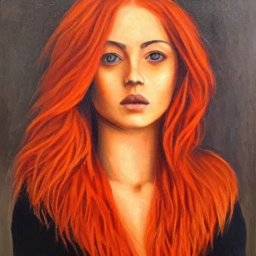 Prompt: a symmetrical portrait of a beautiful orange - haired woman, face and shoulders, oil painting, intricate, aesthetic!!!!!, god rays, dramatic, ultra detailed