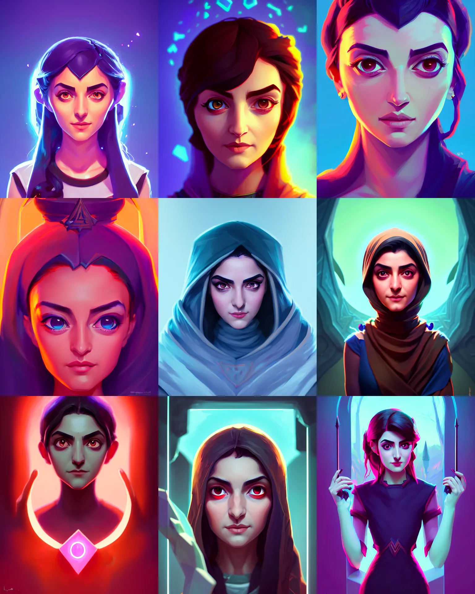 Prompt: head-on symmetrical centered painted portrait, Maya Ali as a D&D sorcerer, matte painting, DOTA pixar, maya engine on stylized background splash comics global illumination lighting artstation, by lois van baarle, ilya kuvshinov, rossdraws