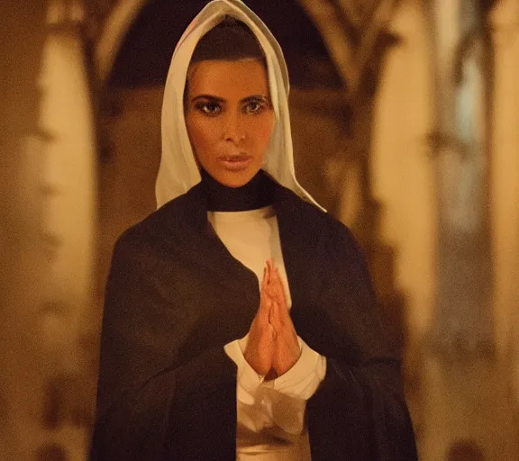 Image similar to a movie still of kim kardashian as a nun with her bust slightly showing. backround : church interior