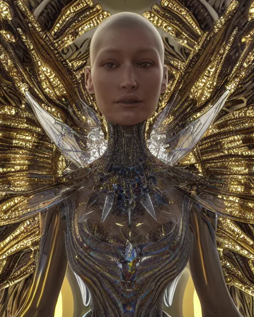 Image similar to a highly detailed metahuman 4 k close up render of an alien goddess bella hadid monument dragonfly in iris van herpen dress schiaparelli in diamonds crystals swarovski and jewelry iridescent in style of alphonse mucha gustav klimt trending on artstation made in unreal engine 4