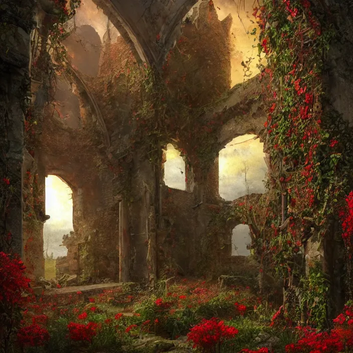 Image similar to a interior photo of a ruined church with a lot of red flowers growing inside at sunset, godrays, complementary colors, concept art, DeviantArt, Ferdinand Knab, beautiful, 8K,highly detailed, high quality