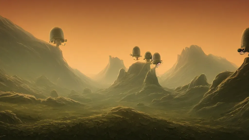 Prompt: three aliens in the style of Christopher Balaskas, landscape environment