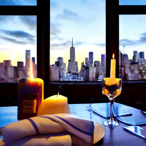 Image similar to artistic sparse simple luxurious glowing candle - lit dinner with wine bottle overlooking the blurred out new york city skyline