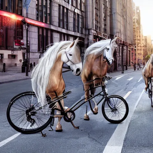 Image similar to two unicorns riding bikes in city streets, photoreal