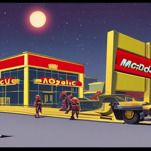 Image similar to intricately detailed ralph mcquarrie concept art of a futuristic mcdonalds with the golden arches displayed. a space station is seen off in the distance with various droids and people walking in the foreground. a trooper is seen holding a brown mcdonalds bag.