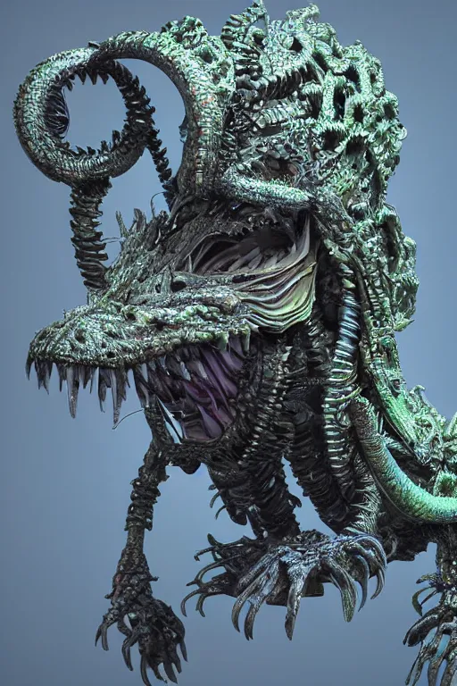 Image similar to hyper-maximalist overdetailed 3d sculpture of a biomechanical reptilian extraterrestrial monster by clogtwo and ben ridgway. 8k. Generative art. Fantastic realism. Scifi feel. Extremely Ornated. Intricate and omnious. Tools used: Blender Cinema4d Houdini3d zbrush. Unreal engine 5 Cinematic. Beautifully lit. No background. artstation. Deviantart. CGsociety. Inspired by beastwreckstuff and jimbo phillips. Cosmic horror infused retrofuturist style. Hyperdetailed high resolution Render by binx.ly in discodiffusion. Dreamlike polished render by machine.delusions. Sharp focus.