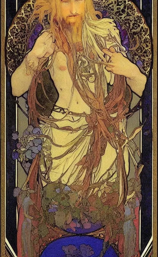 Image similar to the fool, tarot, beautiful border, by alfons maria mucha, highly detailded