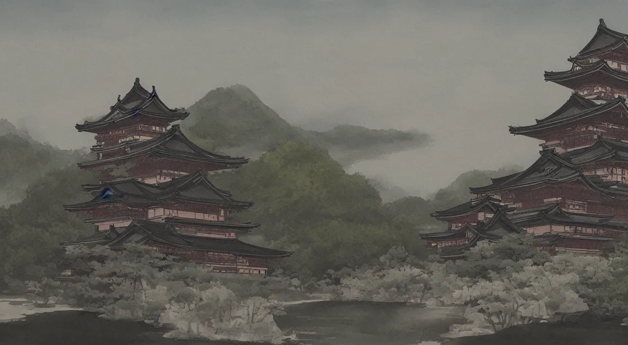 Prompt: a landscape painting of a Japanese castle, trending on artstation