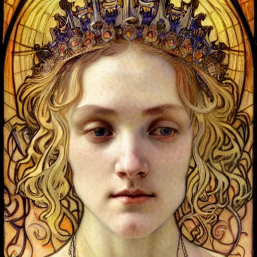 Image similar to detailed realistic beautiful young medieval queen face portrait by jean delville, alphonse mucha, vincent van gogh, and marco mazzoni, art nouveau, symbolist, visionary, gothic, pre - raphaelite