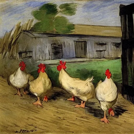 Prompt: chickens on a farm by manet