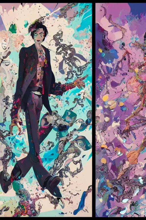 Prompt: diptych wealthy male half necromancer, made of white gucci fabric, pixiv fanbox, dramatic lighting, maximalist pastel color palette, splatter paint, pixar and disney exploded - view drawing, graphic novel by fiona staples and dustin nguyen, peter elson, alan bean, wangechi mutu, clean cel shaded vector art, trending on artstation