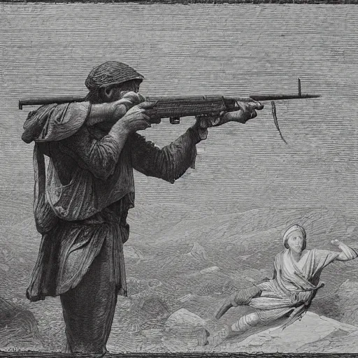 Image similar to Adam shooting the sname with an AK-47, biblical painting by Gustave Doré, black and white palette, detailed