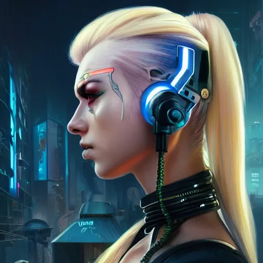 Image similar to Side view of a cyborg demon blond in cyberpunk headset and helmet on the street of a cyberpunk city, sci-fi, fantasy, intricate, very very beautiful, elegant, highly detailed, digital painting, artstation, concept art, smooth, sharp focus, illustration, art by artgerm and greg rutkowski and alphonse mucha