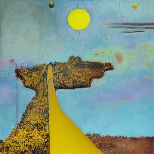 Prompt: goldenrod by sidney nolan weary. a mixed mediart of a group of flying islands, each with its own unique landscape, floating in the night sky. the islands are connected by a network of bridges. a small group of people can be seen walking along one of the bridges.