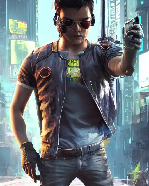 Prompt: Young John Cho as an Cyberpunk 2077 android character digital illustration portrait design by, Mark Brooks and Brad Kunkle detailed, gorgeous lighting, wide angle action dynamic portrait