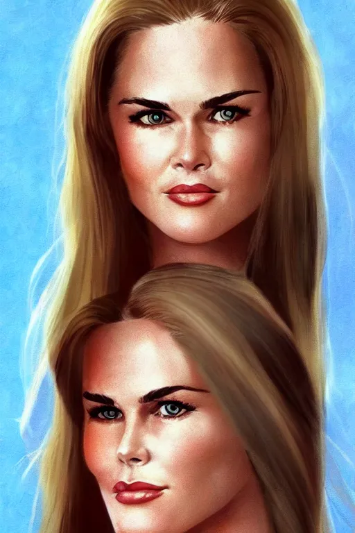 Image similar to mix of beautiful young maria shriver, mariel hemmingway, brooke shields, nicole kidman and elle macpherson as a young bikini model, thin lips, hair tied up in a pony tail, dark blonde hair, colorful, artstation, cgsociety