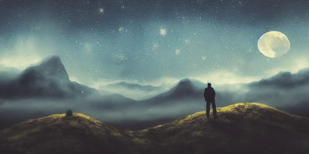 Image similar to landscape, layers, mountain ranges, dark sky, night, style of Van Gogh, moon, stars, milky way, atmospheric, cinematic, photographic, artstation, digital art, small man center standing on mountain, valley mist, fog, hazy, glow