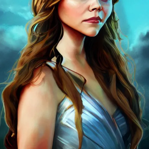 Image similar to Elisabeth Olsen as a Greek goddess, attractive, fantasy, beautiful, magical energy, artstation