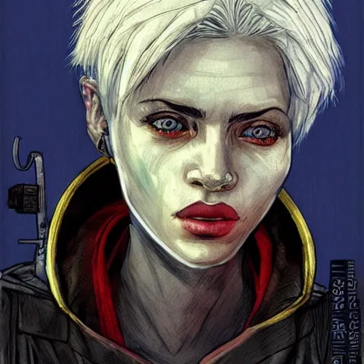 Image similar to intricate portrait, pure blue skin, short white hair, cinematic, in the style of enki bilal!