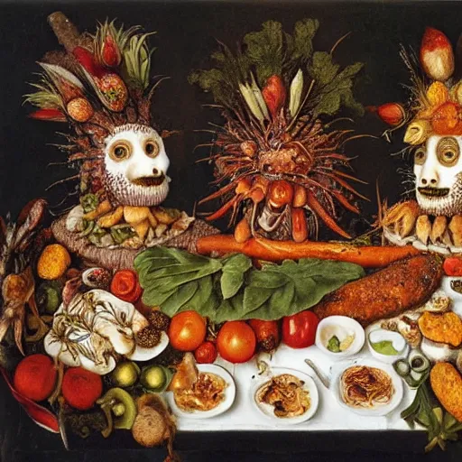 Prompt: dinner is served by giuseppe arcimboldo