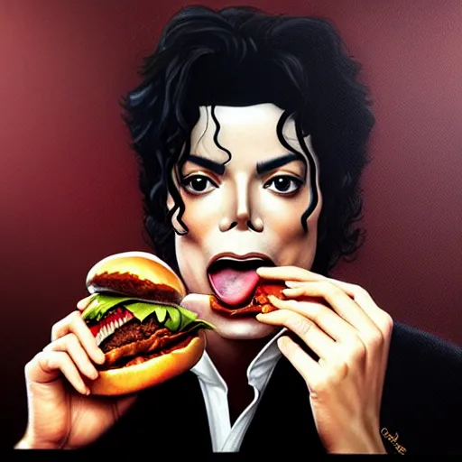 Image similar to portrait of a Michael Jackson eating a hamburger, extra onions and ketchup, luscious patty with sesame seeds, masculine, handsome, D&D, fantasy, intricate, elegant, highly detailed, digital painting, artstation, concept art, matte, sharp focus, illustration, art by Artgerm and Greg Rutkowski and Alphonse Mucha