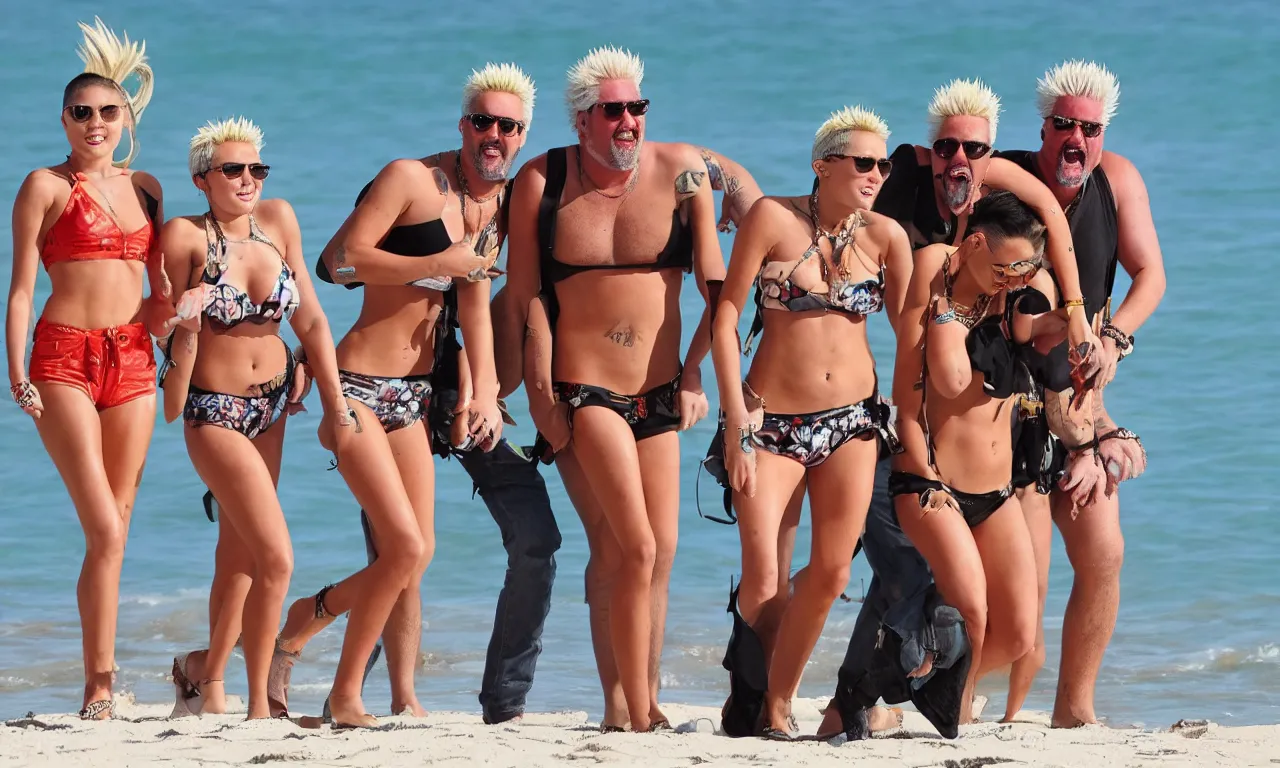 Image similar to olivia munn and miley cyrus and guy fieri on a vacation at the beach