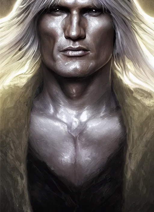 Image similar to Portrait of Dolph Lundgren, white glowing eyes, silver shaggy hair, cloak, ethereal wings, male, fantasy, extremely detailed, digital painting, artstation, concept art, smooth, sharp focus, illustration, stunning lighting, art by artgerm and greg rutkowski and alphonse mucha and simon stalenhag, realistic character concept, high fantasy, light atmosphere, golden ratio, cinematic lighting, hyperdetailed, high resolution, insanely detailed and intricate, artstation, Marc Simonetti, Greg Rutkowski, 8k