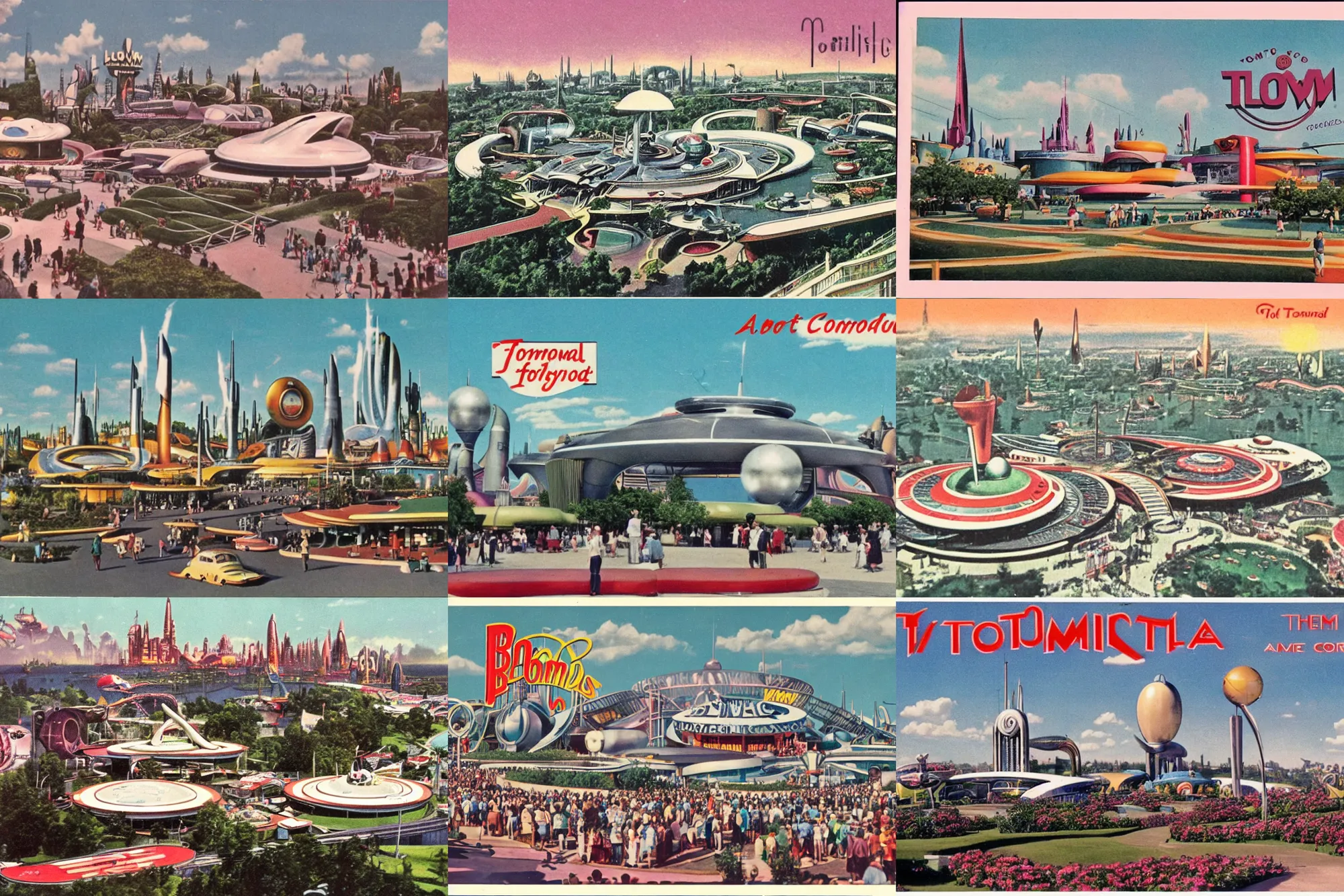 Prompt: a 1 9 5 0 s postcard of the retro futuristic city of tomorrowland