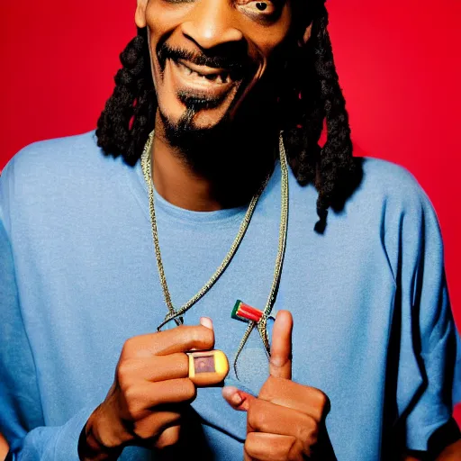 Image similar to Snoop Dog with big eyes eye color red , smiling and holding a joint in his hand