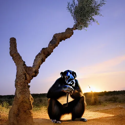 Image similar to a chimpanzee dressed in a chemical protection suit is injecting a olive tree with blue liquid, syringes, toxic, monkey face, scientific field trial, in puglia italy, sunset, beautiful lighting, chemical equipment, photograph, canon eos, f 8, iso 4 0 0, photography