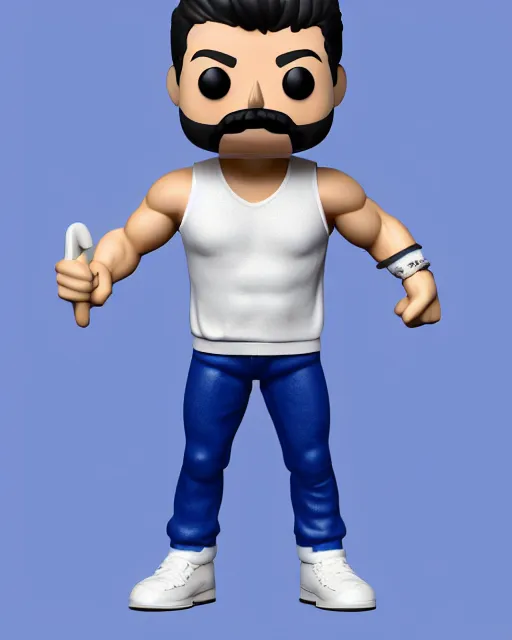 Image similar to 3 d render of freddie mercury, white sleeveless tank top blue jeans as a funko pop!, four, studio lighting, white background, single body, no shadow, blender, trending on artstation, 8 k, highly detailed