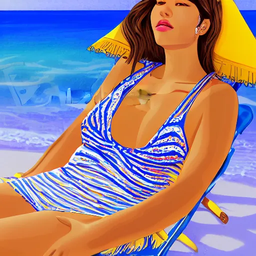 Prompt: a portrait of a young asiatic lady on a beach chair , perfect and detailed face, hot summertime hippie, sparky swimsuit , calm sea and beach background , sunny day, perfecly detailed, realistic portrait, perfect design, natural light