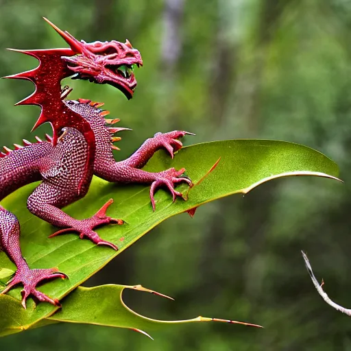 Prompt: exotic dragon with leaf skin and a leaf tail, thorns on his spine, by greg rutowski