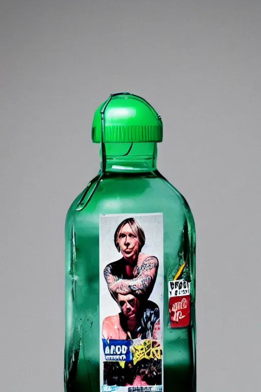 Prompt: a plastic soda bottle containing iggy pop