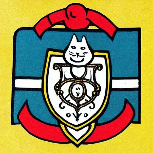 Prompt: “Coat of arms with vertical symmetry depicting a cat wearing aviator goggles, seated on a coiled serpent pierced by a sword. heraldic”