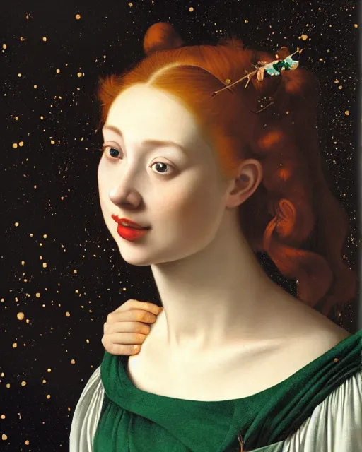Image similar to a happy a young woman, among the lights of golden fireflies and nature, wearing a wonderful dress, long loose red hair, intricate details, green eyes, freckles on the nose, round gentle smiling face, golden ratio, high contrast, hyper realistic digital art by artemisia lomi gentileschi and caravaggio and artgerm.