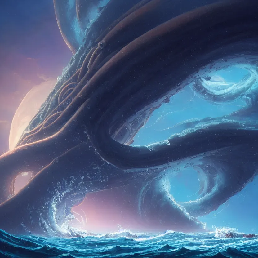 Prompt: treasure planet, giant octopus monster in a stormy sea with huge waves, huge tentacles, clouds, stars, rings, beautiful lighting, vivid colors, intricate, elegant, smooth, concept art, cinematic, unreal engine, wallpaper, by syd mead, terada katsuya, atey ghailan, svetlin velinov, makoto shinkai art style