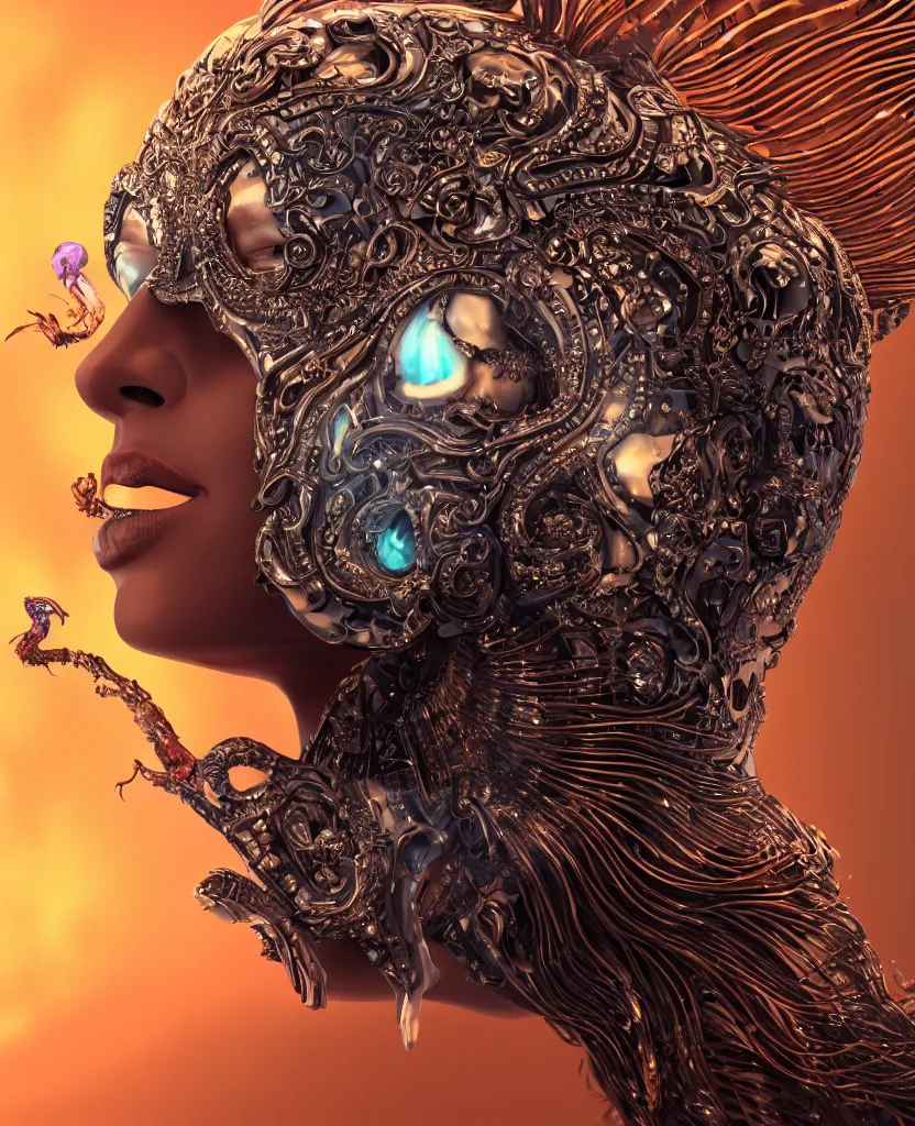 Image similar to close-up macro portrait of the face of a beautiful princess with animal skull mask, epic angle and pose, symmetrical artwork, 3d with depth of field, blurred background, cybernetic jellyfish female face skull phoenix bird, translucent, nautilus, energy flows of water and fire. a highly detailed epic cinematic concept art CG render. made in Maya, Blender and Photoshop, octane render, excellent composition, cinematic dystopian brutalist atmosphere, dynamic dramatic cinematic lighting, aesthetic, very inspirational, arthouse. y Greg Rutkowski, Ilya Kuvshinov, WLOP, Stanley Artgerm Lau, Ruan Jia and Fenghua Zhong