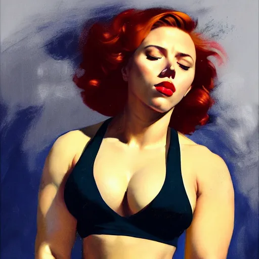 Prompt: greg manchess portrait of scarlett johansson as thick very muscular weightlifter with red hair and black lips, eyes closed, medium shot, asymmetrical, profile picture, organic painting, sunny day, matte painting, bold shapes, hard edges, street art, trending on artstation, by huang guangjian and gil elvgren and sachin teng