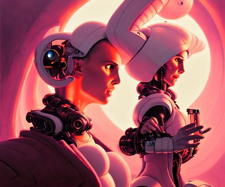 Image similar to beautiful fantasy character portrait, natalie portman, wearing orange puffy bomber jacket with white fur, seductive reclining pose, futuristic robots, ultra realistic, dramatic lighting, robots, the fifth element artifacts, highly detailed by peter mohrbacher, hajime sorayama, wayne barlowe, boris vallejo, aaron horkey, gaston bussiere, craig mullins